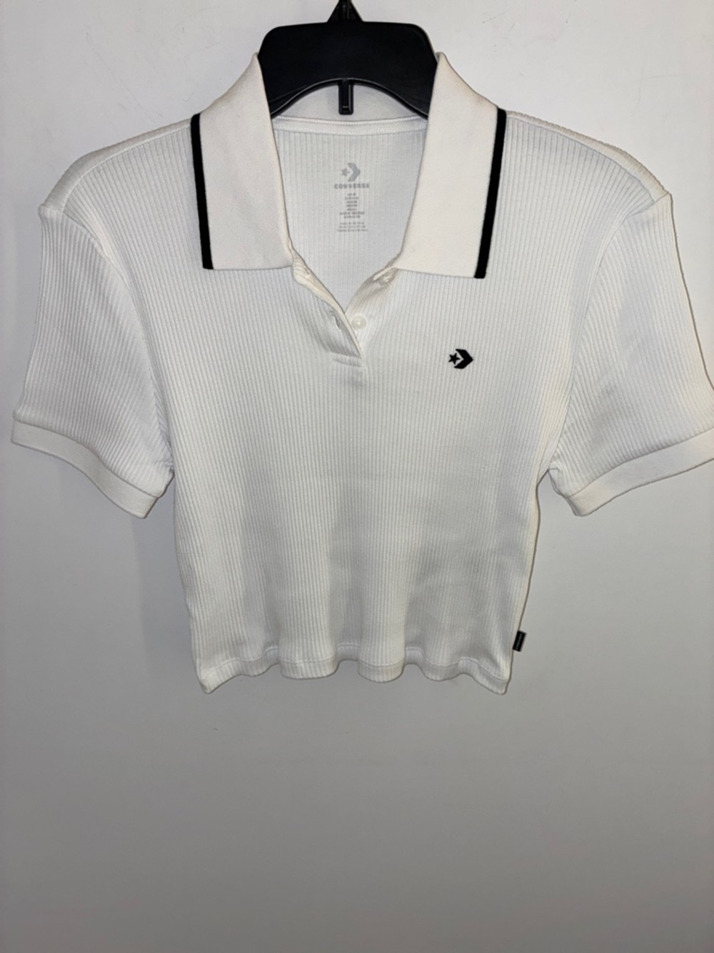 Converse Women's White Ribbed Crop Polo Top with Black Trim Collar - Medium